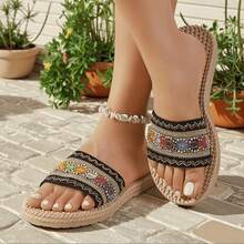 Summer New Bohemian Crystal Toe Clip Women Fashion Elegant Non-Slip Flat Sandals - Black Flower - View 5