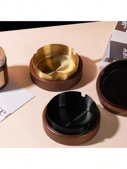 1pc Wooden Ashtray With Lid, Car/Home Anti-Ash, Round Creative Wooden Ashtray, Suitable For Car, Office, Living Room