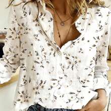 Women's Printed Long Sleeve Shirt, Button Front, Shirt Collar, Lightweight, Regular Fit White Vacation Spring - White - View 2