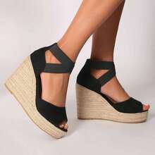 Zapatos de cuña casual con cuerda elástica cruzada y punta abierta de gamuza para mujer - Negro - Ver 11