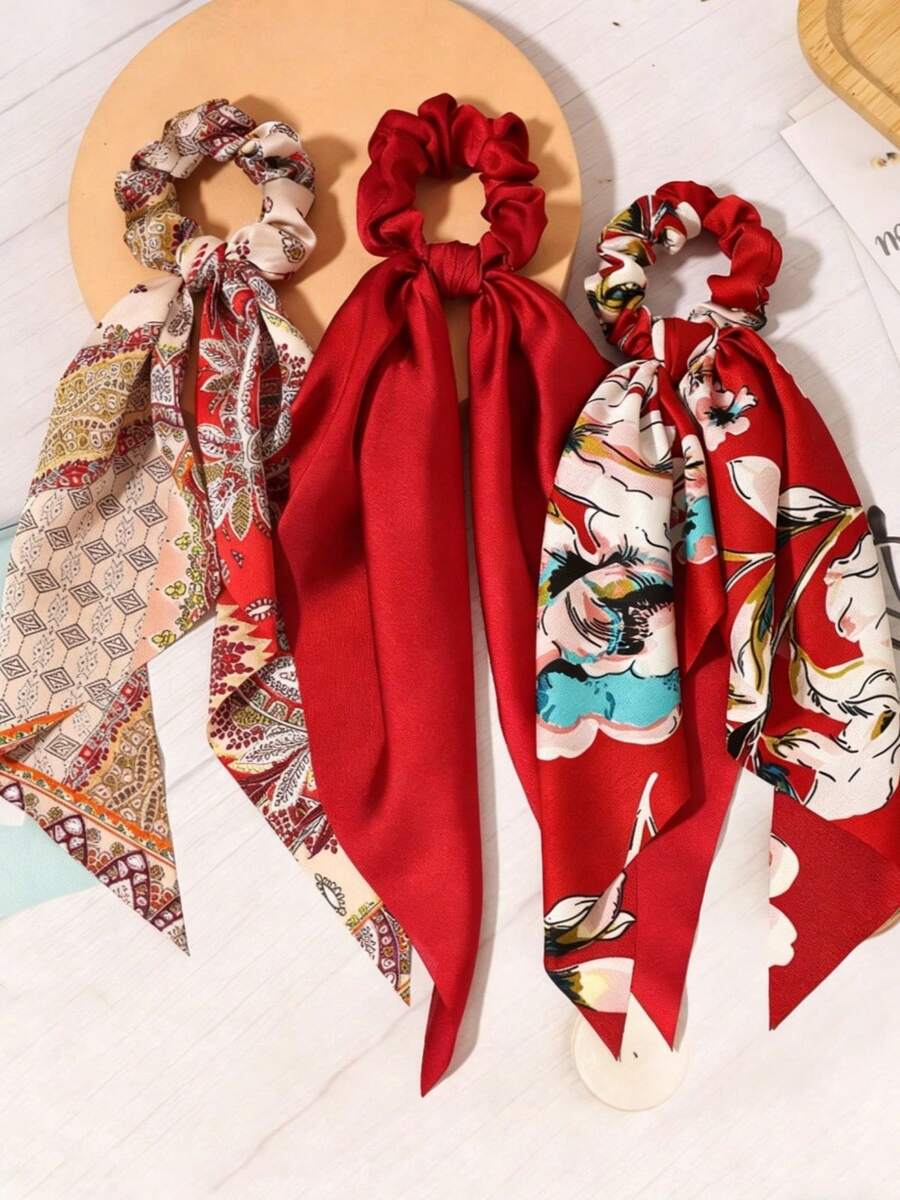 Women's Satin Hair Accessories - Triangle Scarf, Long Ribbon Hair Ties, And Silk Square Scarf Suitable For Ponytail, Bow Hair Tie, Solid Color Oil Painting Style Hair Elastics Hair Rubber Bands Scrunchies Hair Rope,Summer,Holiday,Travel - Burgundy - View 1