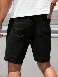 Men's Casual Loose Straight Leg Distressed Denim Shorts - Black - View 2