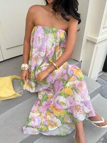 Vestido de mujer de verano DEEKA, estilo europeo y americano, moda francesa con estampado floral y hombros descubiertos para fiesta - Multicolor - Ver 4