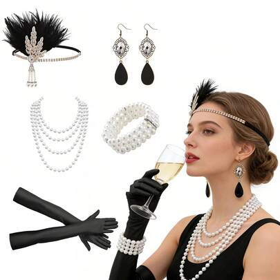 7pcs 1920s Women's Elegant Sexy Accessories Set, Retro High-End Flapper Party Costume Headband, Gloves, Hand Decorations, Carnival Outfit