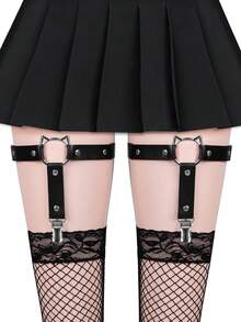 2条装女士猫头PU皮革吊袜带，朋克摇滚防滑弹力腿部吊袜带 - A - 查看 1