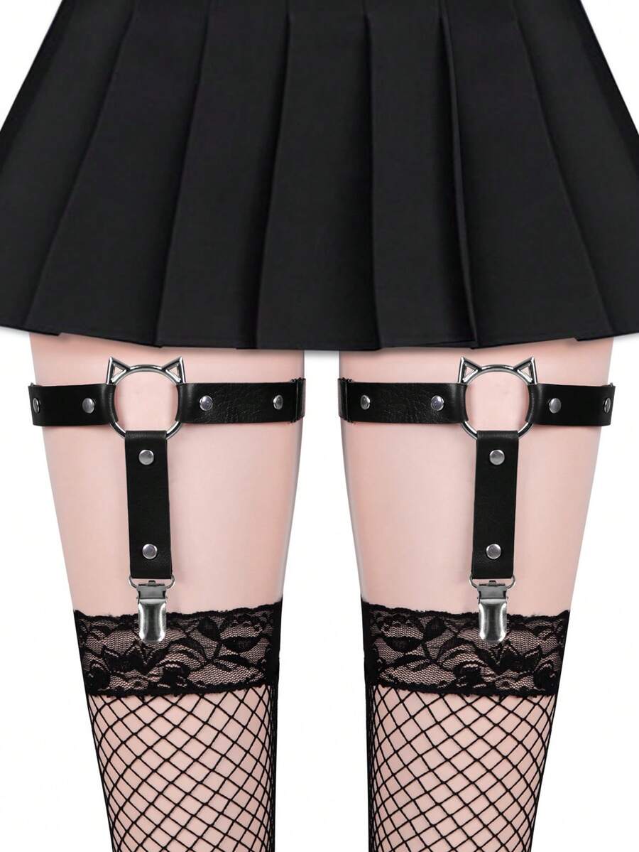 2条装女士猫头PU皮革吊袜带，朋克摇滚防滑弹力腿部吊袜带 - A - 查看 1