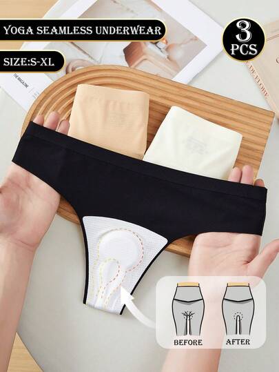 3 chiếc quần lót thể thao yoga không đường may, cạp thấp, màu trơn dành cho nữ, chất liệu co giãn cao, thoáng khí, kiểu quần lọt khe gợi cảm.
