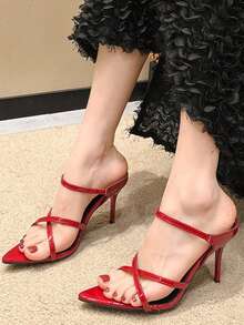 交叉绑带尖头细高跟露趾PU皮派对凉鞋，夏季 - 紅色 - 查看 3