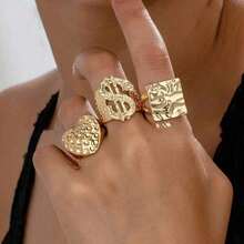 Exaggerated Wide Pleated Textured Heart Dollar Hollow Fashion Women Jewelry Ring Set - Yellow Gold - View 1