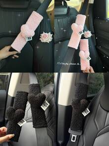 Cute Fluffy Heart Car Seat Belt Cover - Soft Plush Shoulder Pad, Comfortable Driving Accessory For Women & Girls (Pink/Black) - Various - View 10
