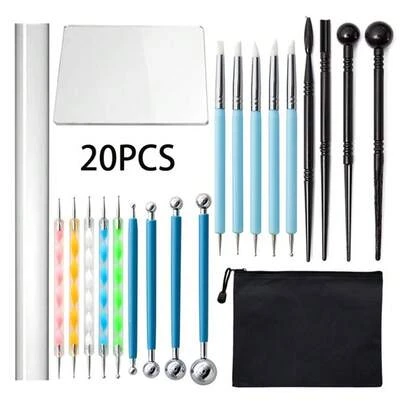 Bộ dụng cụ nghệ thuật gốm sứ 20 món, bao gồm đất sét polymer, bảng tạo hình, que acrylic, bút chấm hình cánh hoa.