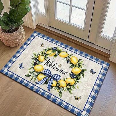 1pc Lemon Wreath Welcome Doormat - Vibrant Spring Summer Decor With Butterflies & Wood Grain Pattern, Blue & White Non-Slip Machine Washable Floor Mat For Entryway, Kitchen, Home Interior, Mother's Day, Father's Day Gift, Lemon Home Decor