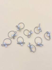 20Pcs No Damage Pearl Bow Hair Ties, Red & Silver Elastic Hair Bands For Girls - Multicolor - View 9