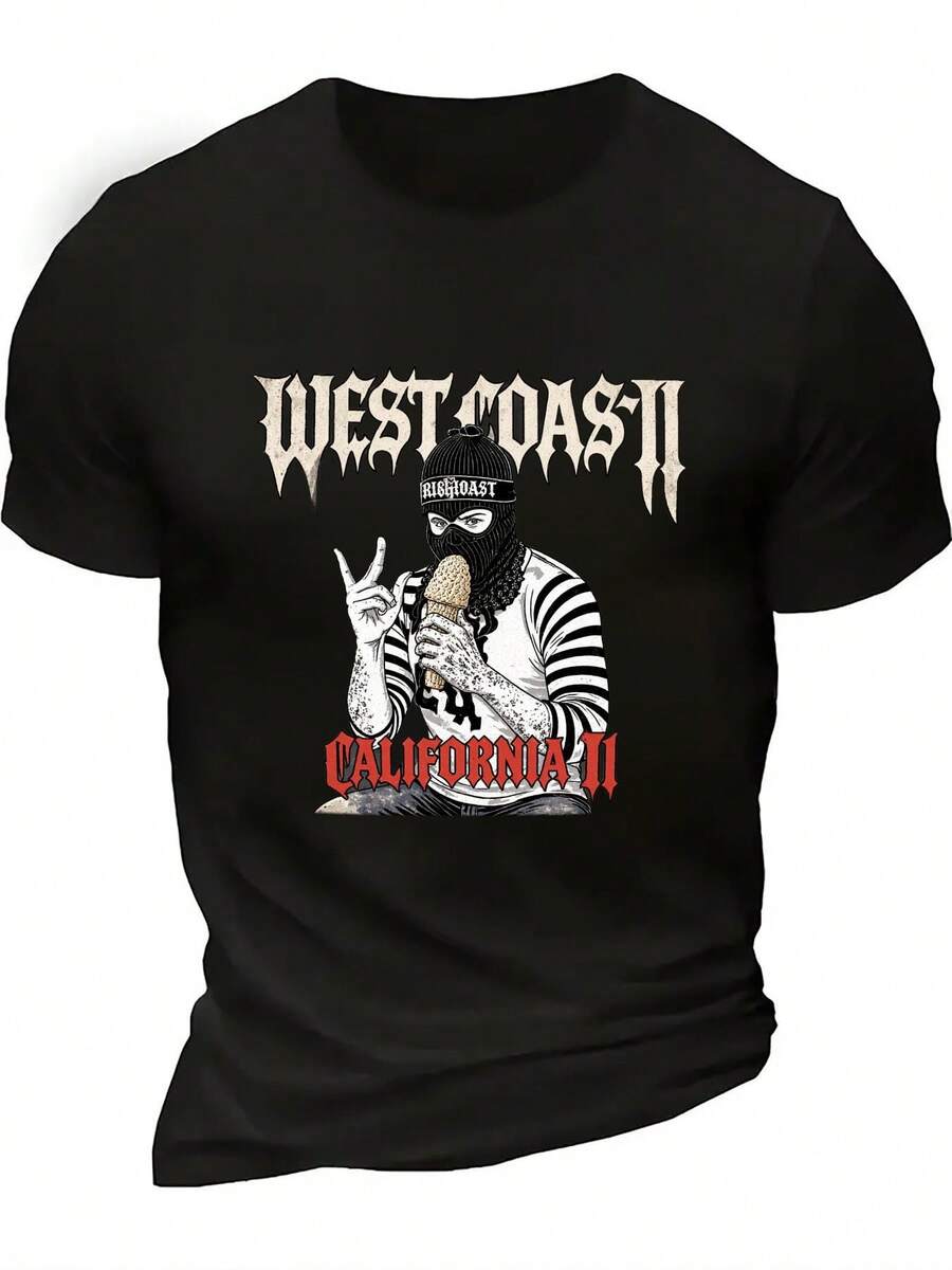 Men's Graphic T-Shirt, Western California Style - Oversized 100% Streetwear T-Shirt With Western California Lettering And California II Design - Soft And Breathable Crew Neck - 黑色 - 查看 1