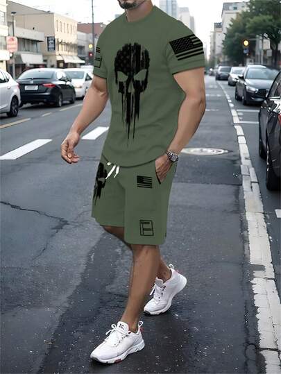 Conjunto de camisetas de cuello redondo casuales para hombres, de tela de punto de poliéster con un ligero estiramiento, de ajuste regular, con estampado de calavera 3D y rayas patrióticas en los hombros, adecuado para patrones novedosos