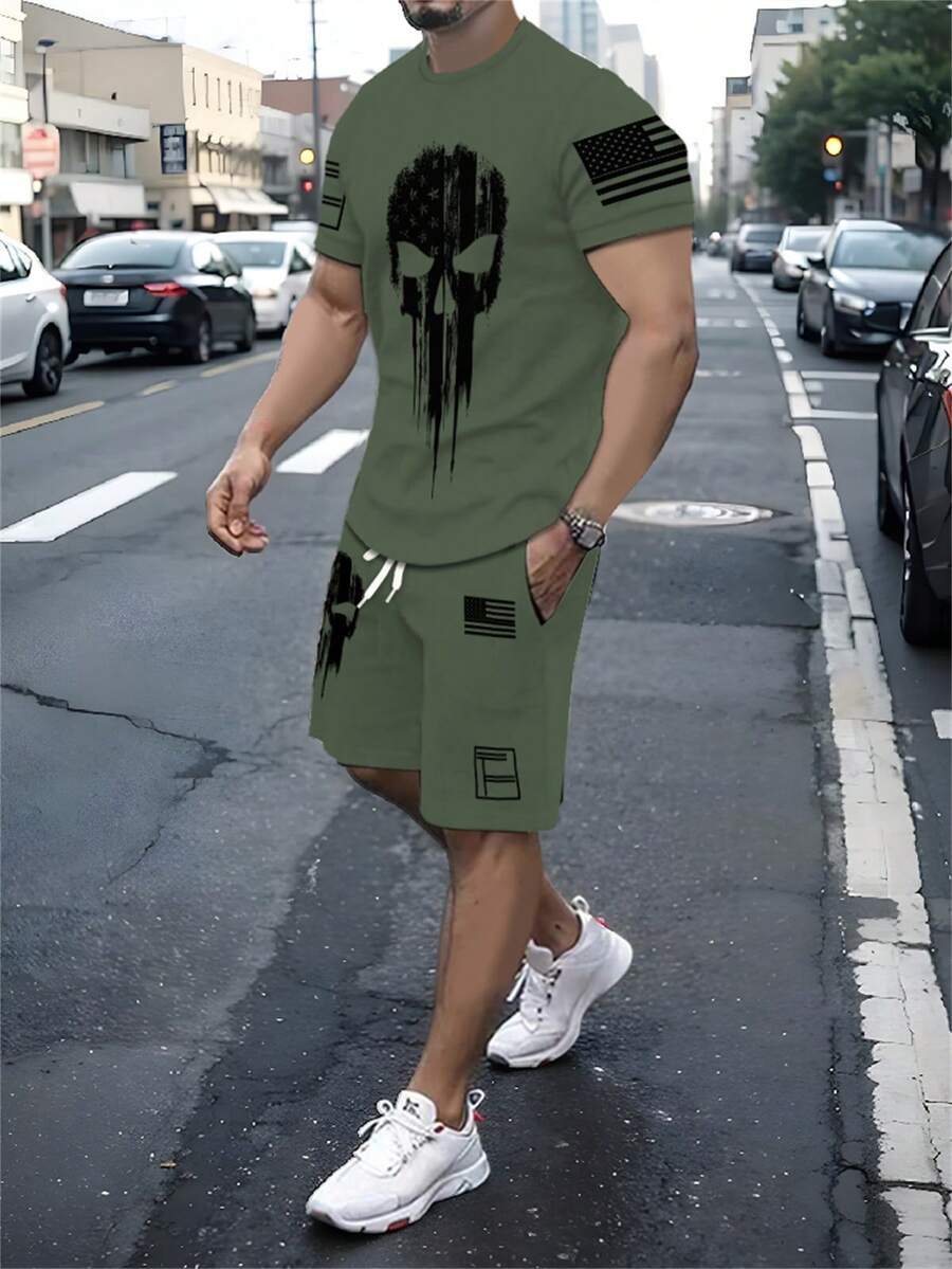 Men's Casual Crew Neck T-Shirt Set, Polyester Knit Fabric, Slight Stretch, Regular Fit, With 3D Skull Print And Patriotic Shoulder Stripes, Suitable For Novelty Patterns - Multicolor - View 1
