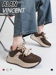 Alan Vincent [免费退换货] [旅行者系列] 春季新款棕色厚底运动鞋，舒适时尚厚底鞋，休闲运动鞋，女士户外派对鞋，百搭日常鞋 - 棕色 - 查看 8