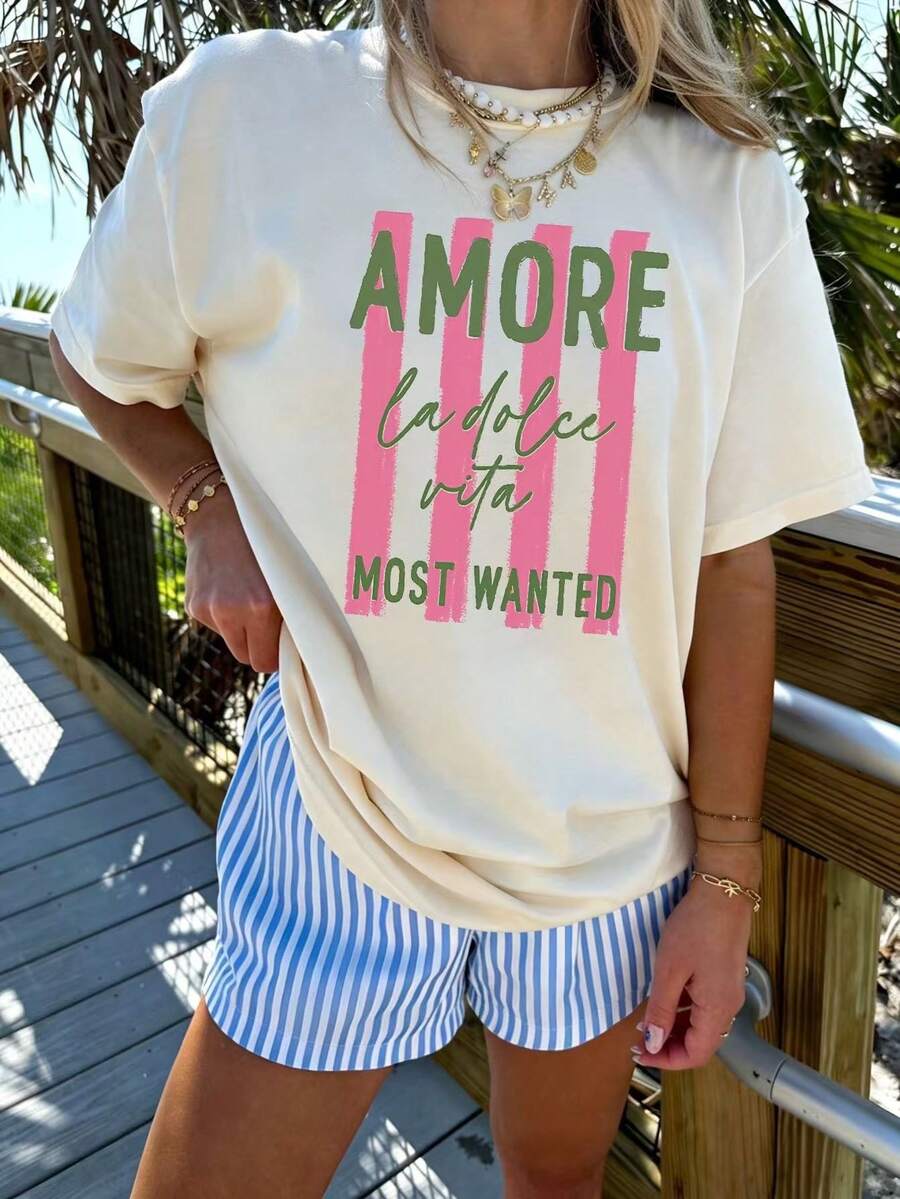 Cute Women's Amore Print T-Shirt, Short Sleeve Ribbed Knit Crew Neck Top, Drop Shoulder Casual Tee, Suitable For Fashion And Spring Wear - Apricot - View 1