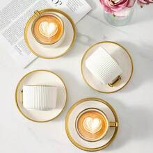 1set/6sets Luxury Gold-Rimmed Ceramic Tea Set, Including Coffee Cup And Saucer, Dishwasher . Perfect For Home Kitchens, Table Decorations, Afternoon Tea, Coffee Parties, Personalized Gifts, Kitchenware, Celebrations, Parties, Birthdays, Weddings, And Dinner Parties. A Wonderful Valentine's Day Gift, Mother's Day Gift, Father's Day Gift, Teacher's Gift, Graduation Gift (Iron Frame Shown In The Picture Is Not Included). - Multicolor - View 2