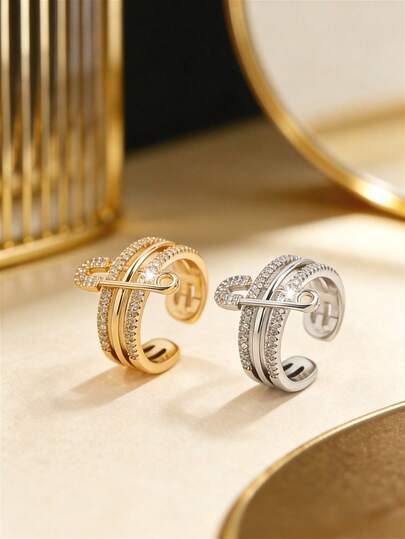 1枚时尚优雅奢华高端铜合金锆石镶嵌创意设计戒指，女士款，尺寸可调节，适合日常、派对、婚礼、订婚、旅行和节日装饰。