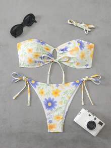 女士春夏新款印花褶皱扭结吊带性感休闲优雅沙滩度假派对比基尼套装 - 彩色 - 查看 3