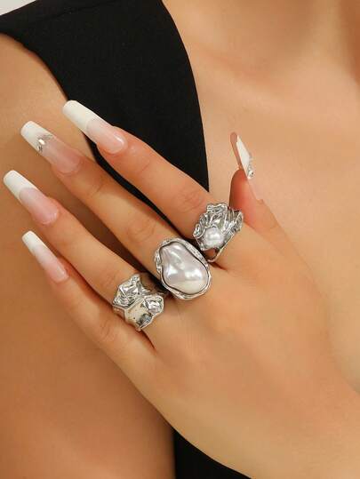 3pcs Set New Baroque Inlaid Asymmetric Geometric Vintage Silver Rings Set, Suitable For Women's Daily And Party Wear