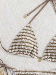 Ladies' Striped And Water Ripple Split Swimsuit Sexy Bikini SexHy Bikini Swimsuit Color Blocking Fashion High-End Hot Spring Party Bikini Careful Machine,European & American Style Sexy Halter Women Bikini Set Swimwear, For Summer Beach Vacation Hot Selling Swimsuits - 摩卡棕 - 查看 5