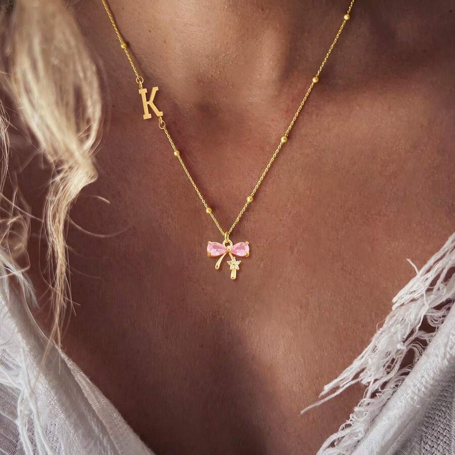 1pc Simple Classic Initial Bow-Knot Pendant Golden Stainless Steel Bead Chain Necklaces For Women - Yellow Gold - View 1