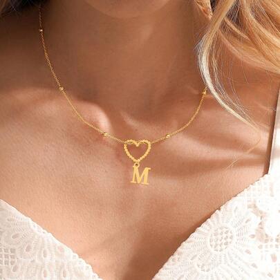 1pc Simple Fashion Initial Hollow Heart Pendants Golden Stainless Steel Bead Chain Necklaces For Women