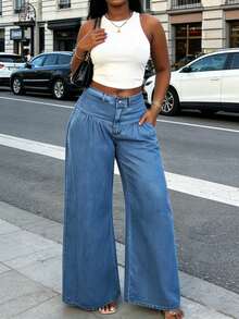 Women's Y2K Streetwear Wide Leg Jeans | Front Pleated Loose Fit Mid-Waist Casual Pants Suitable For Daily And Party Wear - Light Wash - View 1