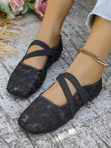 3D玫瑰蕾丝网面平底鞋，时尚舒适透气玛丽珍芭蕾舞鞋，柔软优雅的乐福鞋，配珍珠弹力带 - 黑色 - 查看 9