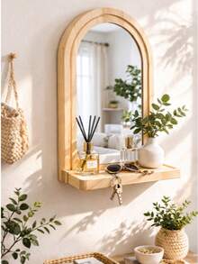 波西米亚风格木质拱形壁镜带储物架，玄关镜架可放置钥匙、香水、眼镜等物品，乡村风格壁挂式镜子收纳整理架，天然木质美学墙面装饰，适用于客厅、卧室、浴室、走廊、梳妆台等场所。 - 原木壁掛鏡子 - 查看 5