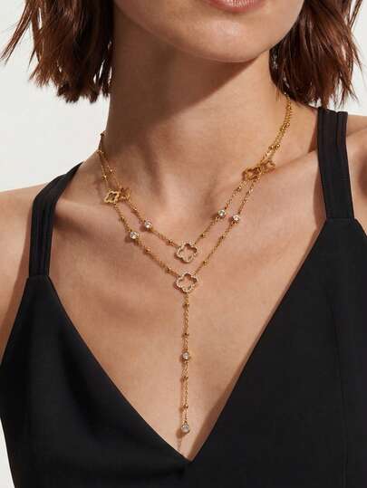 2pcs Elegant Stainless Steel Rhinestone Inlaid Flour-Leaf Clover Pendant Necklace, Fashionable Cubic Zirconia Decor Y-Shaped Necklace Elegant Clover Flower Design Necklace, Sexy Clavicle Necklace Suitable For Women Daily Wear Or Gift Giving