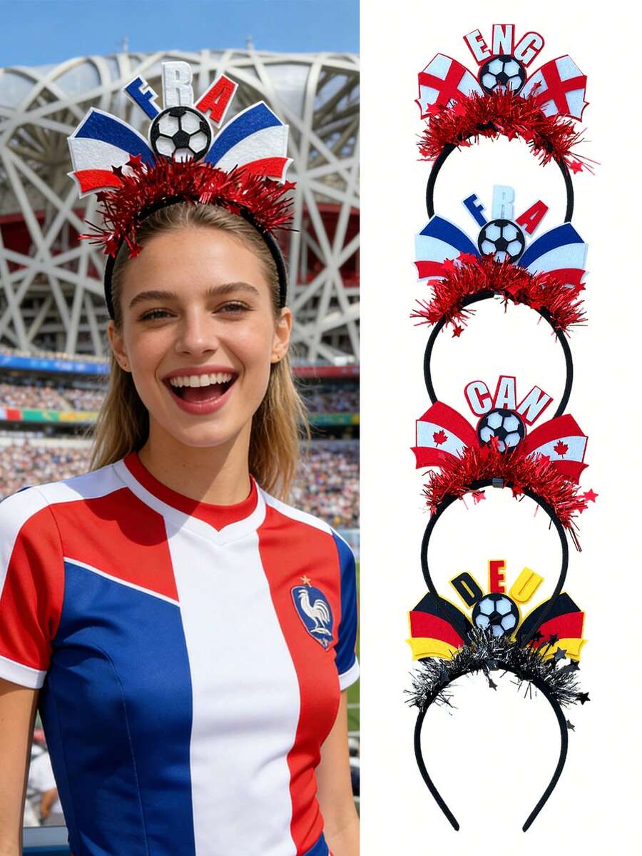 女式世界杯头带，时尚独特，闪亮贴纸，法国、德国、加拿大、英格兰国旗图案头带，适合观看世界杯、家庭聚会、街头佩戴、为足球加油助威，女士发饰，推荐礼物发带发箍
