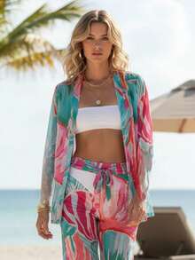Pearl Beach Cover-Up - Shirt And Adjustable Tulle Pants Set | Summer 2026 - Resort Fashion Blogger Style - Pink Flower - View 2