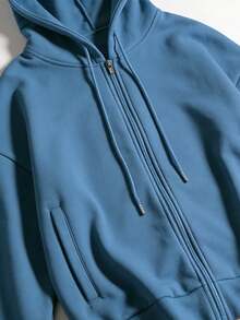 Women's Fashion White Zip-Up Hoodie - Casual Geometric Pattern Polyester Sweatshirt, Machine Washable And Dry Cleanable, Ideal For Spring And Autumn, Sweater-Style Hoodie - Màu xanh lam - Xem 3