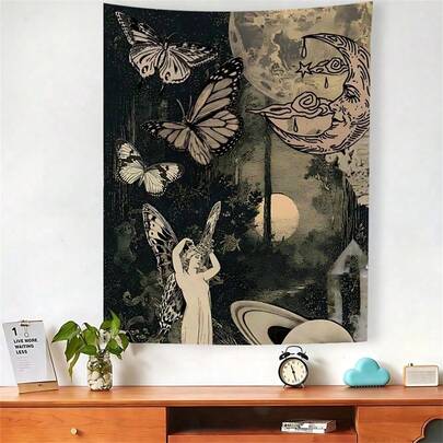 Esta tapicería vintage con mariposa y luna presenta un diseño estéticamente agradable y es adecuada para dormitorios, salas de estar, dormitorios y decoraciones de fiestas. Hecha de poliéster lavable grande de 90 g, es el regalo de Halloween perfecto para amigas. Ideal para decoración del hogar, decoración de habitaciones, banderas de decoración de habitaciones, suministros de habitaciones y tapices de pared.