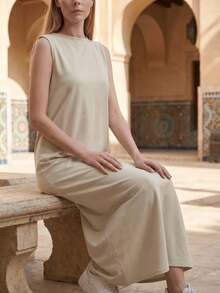 Casual Sleeveless Crew Neck Apricot Colored Mini Dress Eid Spring - Apricot - View 2