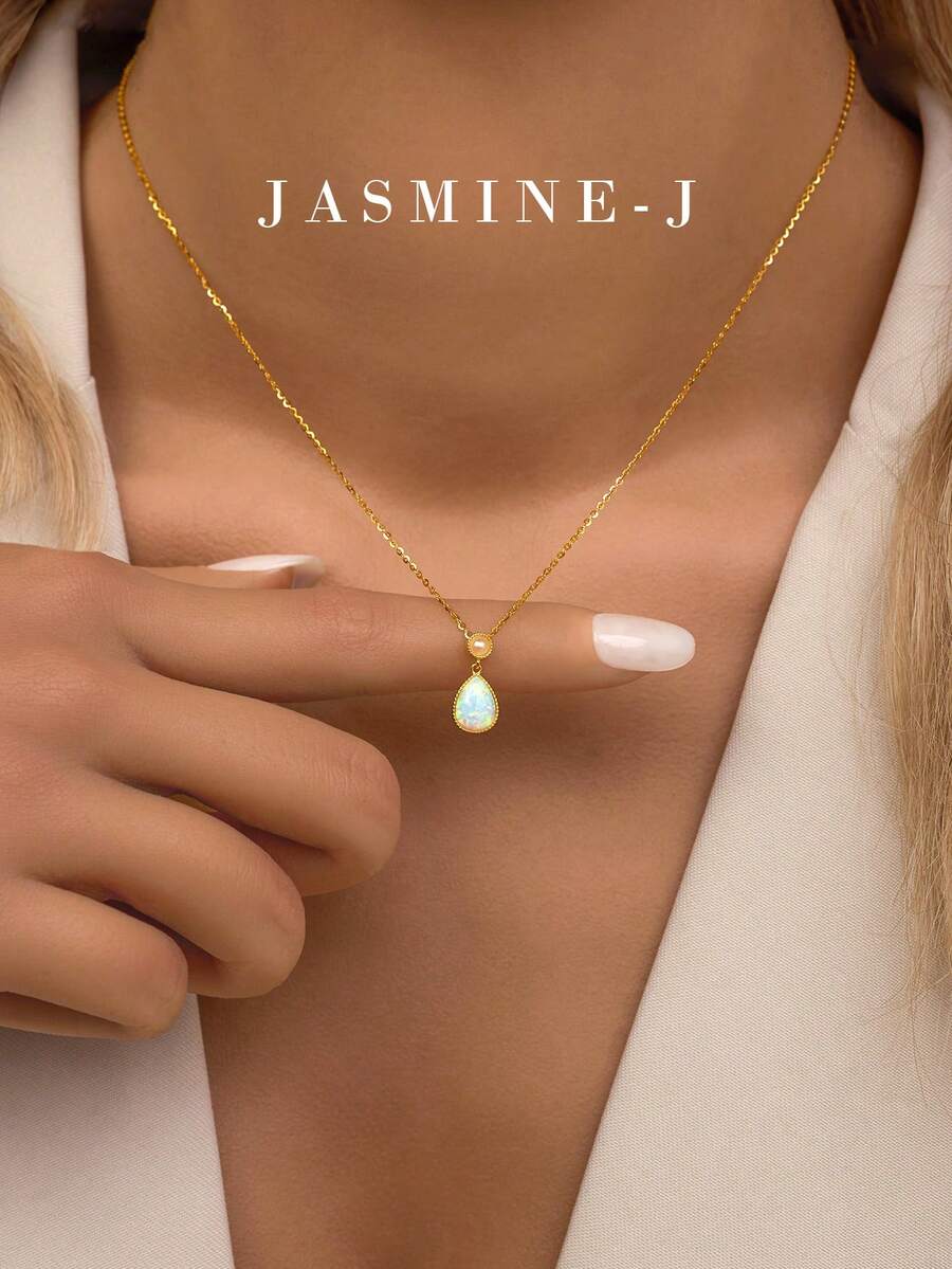 1件S925纯银蛋白石水滴吊坠项链，金色链条，简约优雅女士项链，节日礼物，适合日常佩戴 - 彩色 - 查看 1