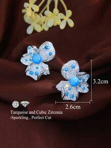 一对几何花朵造型蓝绿松石和立方氧化锆密镶大耳环，适合订婚派对佩戴，女士奢华珠宝 - 綠松石色 - 查看 5