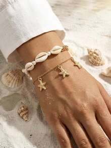 2件套波西米亚风海滩贝壳和海星吊坠手链套装，金色链条叠戴手链，女士夏季度假饰品 - 金色 - 查看 2