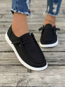 Women's Breathable Linen Slip-On Shoes - Casual Comfort Flat Sneakers For Daily Wear Linen/Cotton Blend Slip-Ons - Lightweight Comfort Casual Shoes For Women Adjustable Drawstring Slip-On Sneakers - Breathable Casual Flat Shoes For Women Neutral Tone Casual Slip-On Shoes - Breathable Lightweight Daily Footwear For Women Plus Size Breathable Slip-On Sneakers - Comfort Flat Casual Shoes For All-Day Wear - 黑色 - 查看 3