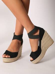 Zapatos de cuña casual con cuerda elástica cruzada y punta abierta de gamuza para mujer - Negro - Ver 4
