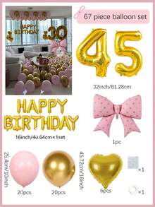 67件組粉色與金色生日派對裝飾套組，金色生日快樂橫幅，粉色蝴蝶結鋁箔氣球，適用於生日派對用品、驚喜派對、公主生日派對、房間裝飾、週年慶祝鋁箔氣球裝飾 - 金色數字生日 - 查看 10