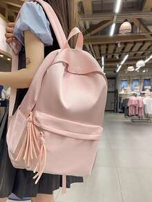 极简浅粉色双肩包，柔软尼龙材质，休闲双肩包，带前袋，女士款 - A - 查看 5
