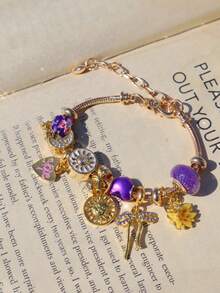 日月手链一条，蝴蝶结樱花手链一条，情书手链一条，紫色花朵手链一条，奇幻精灵角色扮演手链一条 - 金色 - 查看 5
