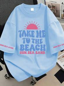 Camiseta de manga corta con cuello redondo, estampado de lema, uso versátil y casual, adecuada para vacaciones de verano, tallas grandes para mujeres - Celeste - Ver 1
