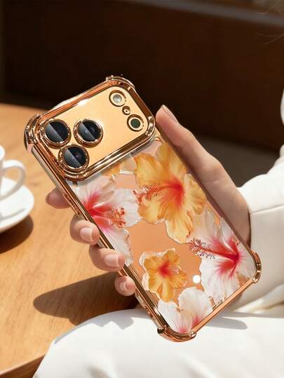 Capa protetora de TPU transparente e espessa, com estampa de flores tropicais de luxo impressa em UV e detalhes em laranja, resistente a quedas e com airbag. Compatível com iPhone 17 Pro Max/17e/16e/16 Pro Max/16 Pro/16/13 Pro Max/12 Pro Max/11, 15 Pro Max, 14 Pro Max e outros modelos. Ideal para todas as estações do ano, perfeita para presentear ou para uso pessoal.
