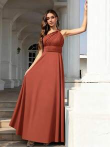 Volly Toych Burnt Orange Classy Modest Sleeveless Asymmetrical Neck Draped Chiffon Maxi Bridesmaid Dress - Burnt Orange - View 6