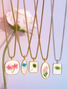 18K镀金不锈钢干花吊坠项链，可爱款式，链长60厘米，夏季饰品，女士节日礼物 - 彩色 - 查看 2